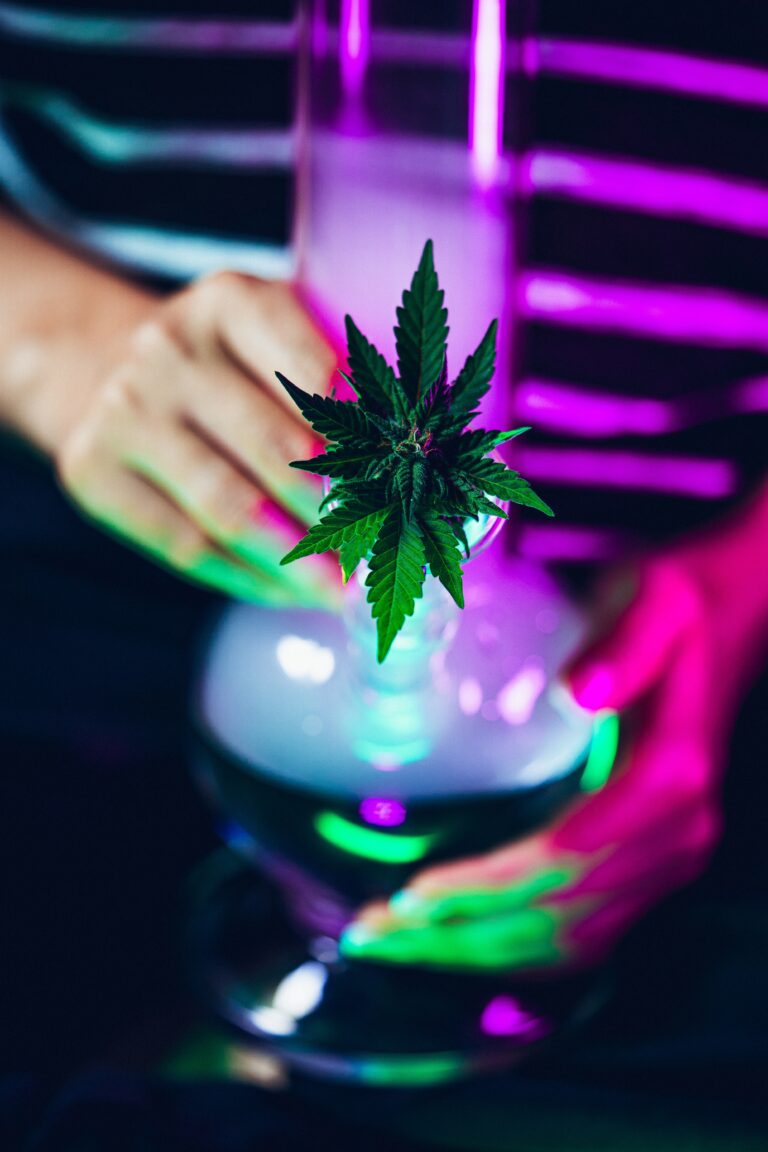 Hands holding a bong filled with smoke and cannabis, with neon lighting.