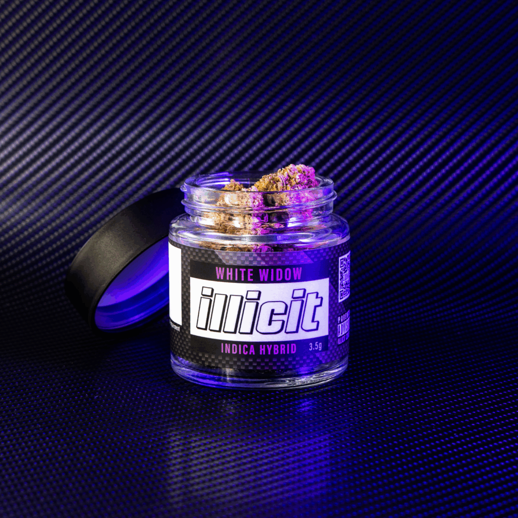 Jar of White Widow cannabis nugs.