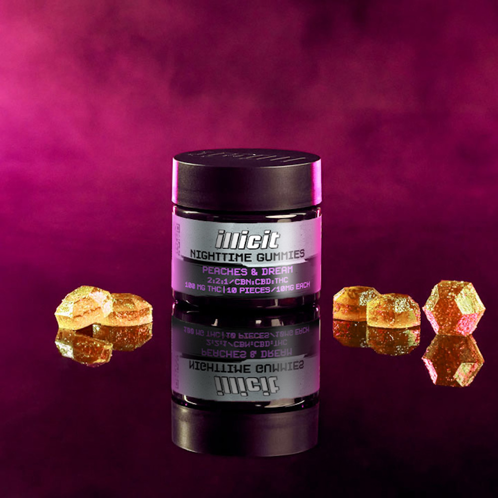 Jar of ILLICIT Peaches & Dream cannabis nighttime gummies.