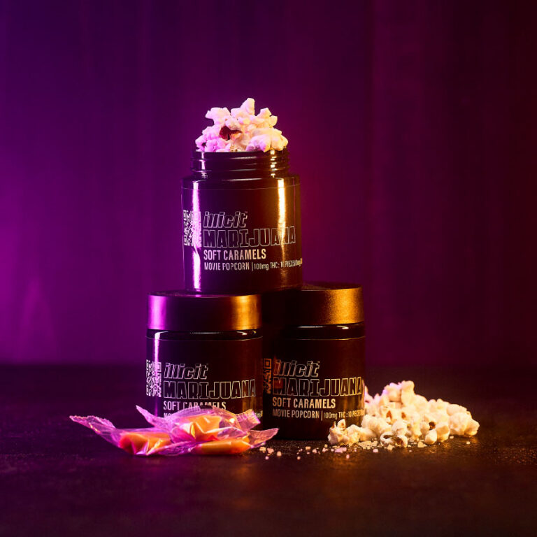 ILLICIT brand cannabis caramel candy chew jars with popcorn and caramels.