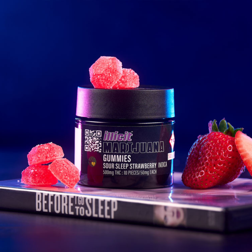 ILLICIT cannabis THC sleep gummies jar on top of a Before Sleep DVD.